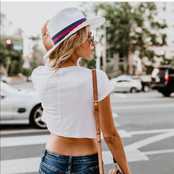 SOLD White striped Vici hat - Picture 2 of 3